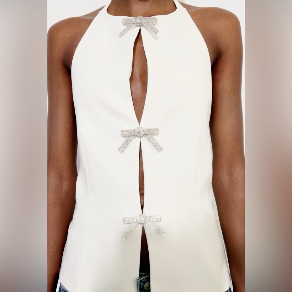 Zara White Halter Top with Silver Bow Accents